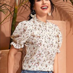 Floral Ruffle Puff Short Sleeve Top, Size XS